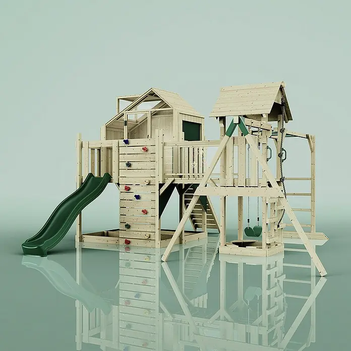OutdoorToys Kinderspielturm Mille Kinderschaukel; - Holz, Grün - Großes Holzspielhaus mit Rutsche, Kletterwand und Schaukel für Kinder zum Spielen und Spaß haben im Garten.
