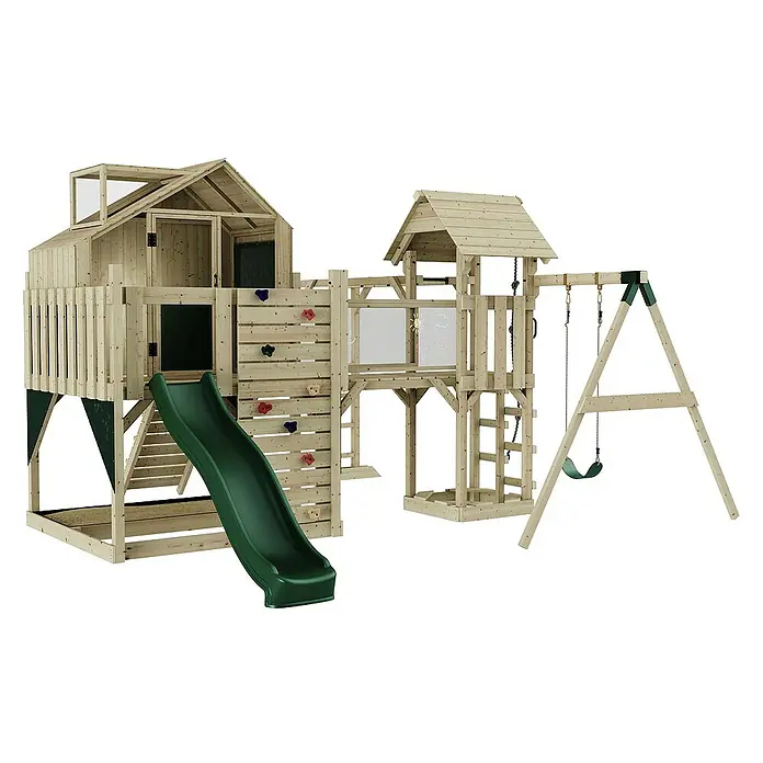OutdoorToys Kinderspielturm Mille Kinderschaukel; - Holz, Grün - Ein detailreiches Bild eines Holzspielplatzes mit Rutsche, Schaukel und Kletterwand. Ideal für aktive Kinder im Garten.