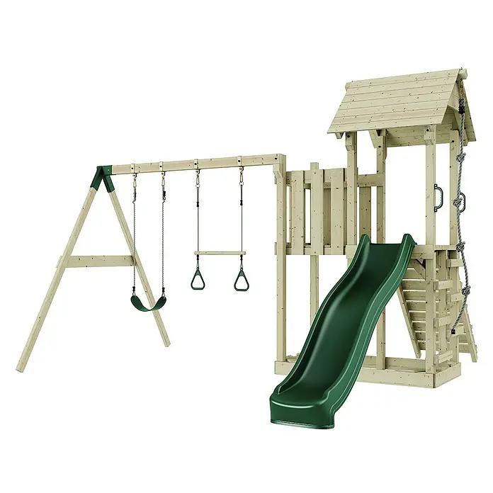 OutdoorToys Kinderspielturm Uppsala - L x B x H: 373 x 357 x 273 cm, Grün - Abenteuerlicher Spielplatz aus Holz mit Schaukel, Turnringen und grüner Rutsche für Kinder zum Austoben im Garten.