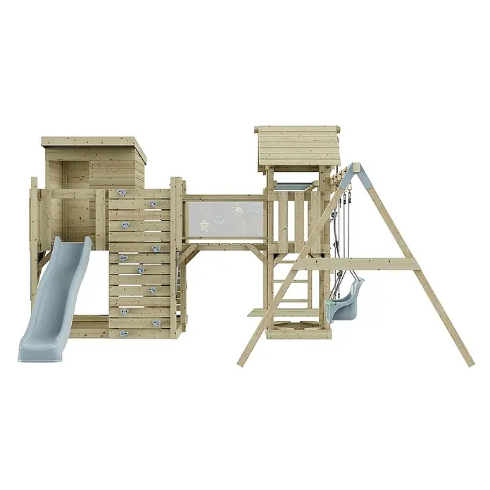 OutdoorToys Kinderspielturm Polarplay Malou - L x B x H: 562 x 503 x 274 cm, Blau - Holzspielplatz mit Rutsche, Kletterwand und Schaukel. Ideal für Kinder zum Spielen und Toben im Garten.
