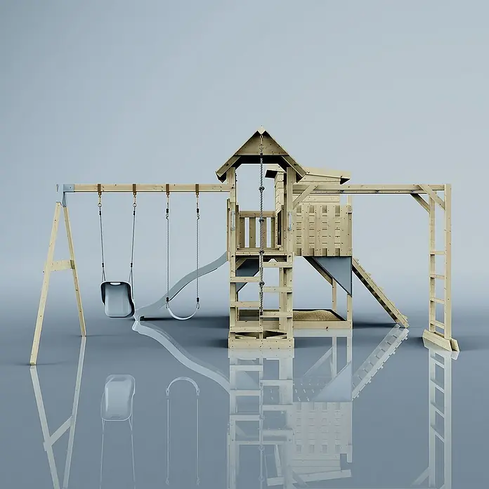 OutdoorToys Kinderspielturm Polarplay Malou - L x B x H: 562 x 503 x 274 cm, Blau - Holzspielplatz mit Schaukeln, Rutsche, Kletterwand und Turm für Kinder zum Spielen und Spaß haben im Garten.