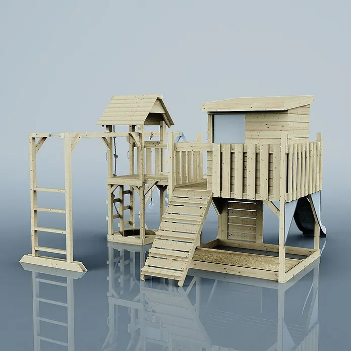 OutdoorToys Kinderspielturm Polarplay Malou - L x B x H: 562 x 503 x 274 cm, Blau - Ein detailreiches Bild eines hölzernen Kinderspielhauses mit Klettergerüst, Rutsche und Schaukel. Das Spielhaus ist aus hellem Holz gefertigt.