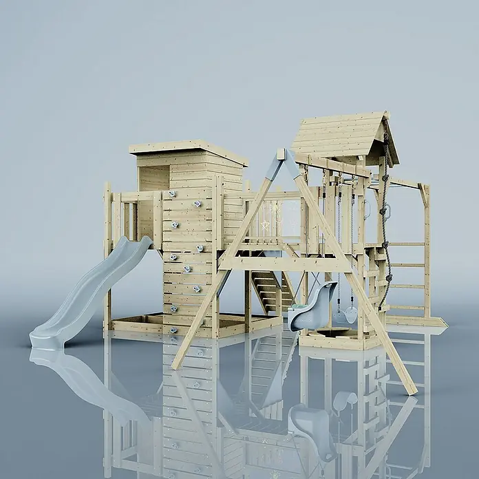 OutdoorToys Kinderspielturm Polarplay Malou - L x B x H: 562 x 503 x 274 cm, Blau - Ein detailreiches Bild eines Holzspielplatzes mit Rutsche, Kletterwand und Schaukel, ideal für Kinder zum Spielen und Austoben.