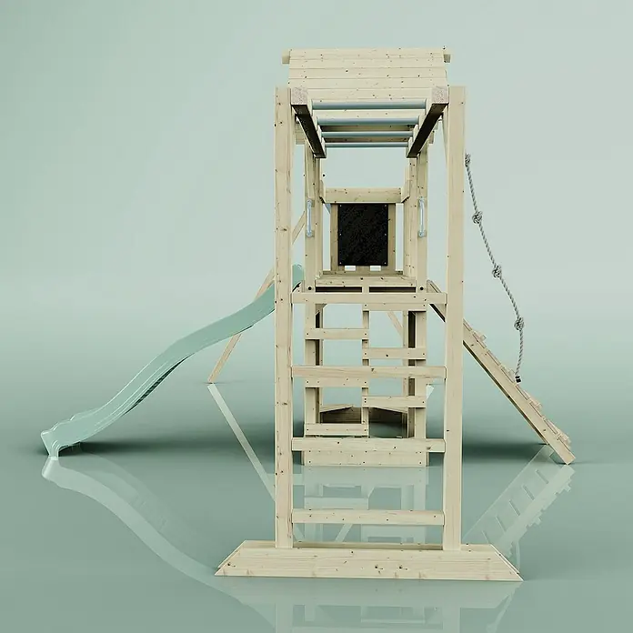 OutdoorToys Kinderspielturm Helsingborg - L x B x H: 358 x 562 x 275 cm, Grün - Hölzerner Spielturm mit Rutsche, Kletterwand und Affenleitern für Kinder zum Spielen im Freien.