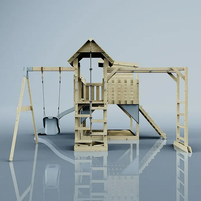 OutdoorToys Kinderspielturm Polarplay Lene - L x B x H: 400 x 503 x 274 cm, Blau - Abenteuerlicher Holzspielplatz mit Rutsche, Schaukel und Kletterturm für stundenlangen Spielspaß im Freien.