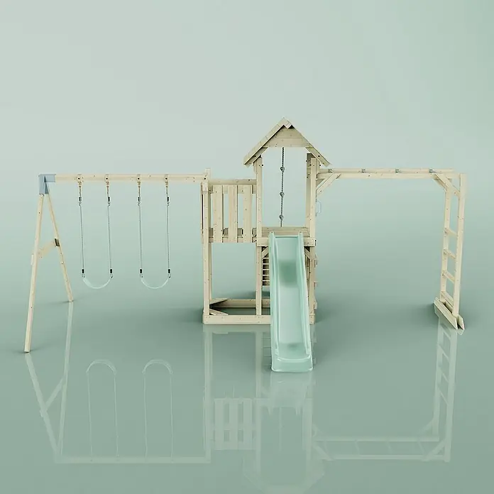 OutdoorToys Kinderspielturm Helsingborg - L x B x H: 358 x 562 x 275 cm, Grün - Ein hölzernes Spielplatzgerät mit Schaukeln, Rutsche, Kletterwand und Affenleiter für stundenlangen Spaß im Freien.