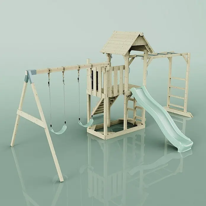 OutdoorToys Kinderspielturm Helsingborg - L x B x H: 358 x 562 x 275 cm, Grün - Hölzernes Spielplatzgerät mit Schaukeln, Rutsche, Klettergerüst und Spielhaus für stundenlangen Spaß im Freien.