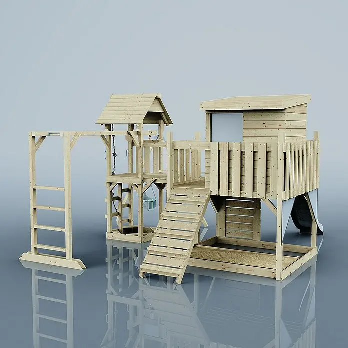 OutdoorToys Kinderspielturm Polarplay Lene - L x B x H: 400 x 503 x 274 cm, Blau - Kinderspielhaus aus Holz mit Rutsche, Klettergerüst und Schaukel für den Garten. Ideal für stundenlangen Spielspaß im Freien.