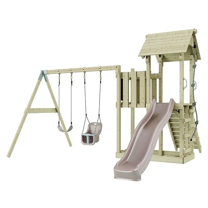 OutdoorToys Kinderspielturm Uppsala - L x B x H: 373 x 357 x 273 cm, Rosa - Hölzernes Spielhaus mit Schaukel, Rutsche und Kletterseil für Kinder zum Spielen und Spaß haben im Garten.