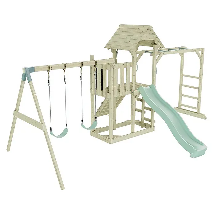 OutdoorToys Kinderspielturm Helsingborg - L x B x H: 358 x 562 x 275 cm, Grün - Abbildung eines hölzernen Kinderspielplatzes mit Schaukeln, Rutsche, Klettergerüst und Spielhaus. Ein tolles Spielgerät für den Garten!