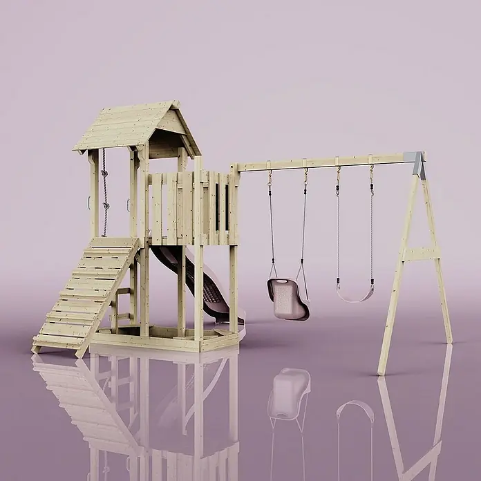 OutdoorToys Kinderspielturm Uppsala - L x B x H: 373 x 357 x 273 cm, Rosa - Hellbeiges Spielhaus mit Schaukel und Rutsche. Perfekt für den Garten, bietet es Kindern vielfältige Spielmöglichkeiten und fördert ihre Kreativität.