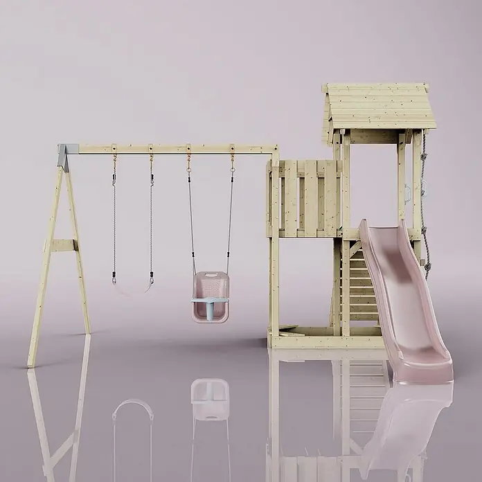 OutdoorToys Kinderspielturm Uppsala - L x B x H: 373 x 357 x 273 cm, Rosa - Holzspielplatz mit Schaukel und Rutsche. Ideal für Kinder zum Spielen im Freien.
