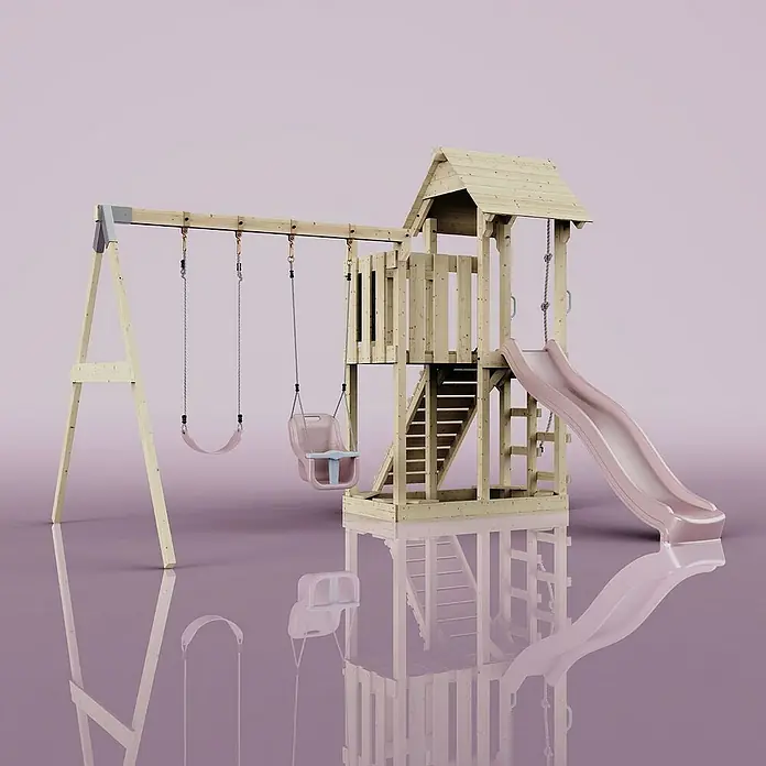 OutdoorToys Kinderspielturm Uppsala - L x B x H: 373 x 357 x 273 cm, Rosa - Holzspielplatz mit Schaukel, Rutsche und Kletterturm. Ideal für Kinder zum Spielen und Toben im Garten, sorgt für Spaß und Bewegung.