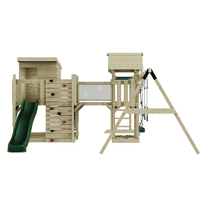 OutdoorToys Kinderspielturm Malou Trapezschaukel; - Holz, Grün - Abenteuerlicher Spielturm mit Rutsche, Kletterwand und Schaukel. Ideal für stundenlangen Spaß im Garten.
