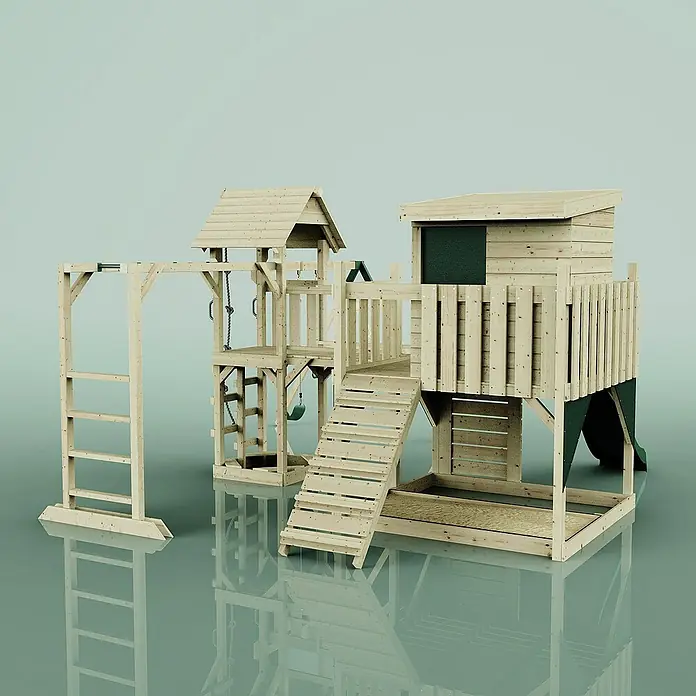 OutdoorToys Kinderspielturm Malou Trapezschaukel; - Holz, Grün - Holzspielplatz mit Rutsche, Schaukeln und Klettergerüst für stundenlangen Spielspaß im Freien. Ideal für aktive Kinder.