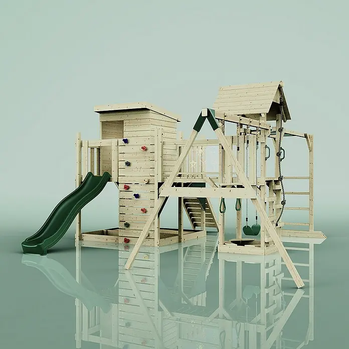OutdoorToys Kinderspielturm Malou Trapezschaukel; - Holz, Grün - Hölzerner Spielplatz mit Rutsche, Kletterwand und Schaukel für Kinder zur Förderung von Spaß und Aktivität im Freien.