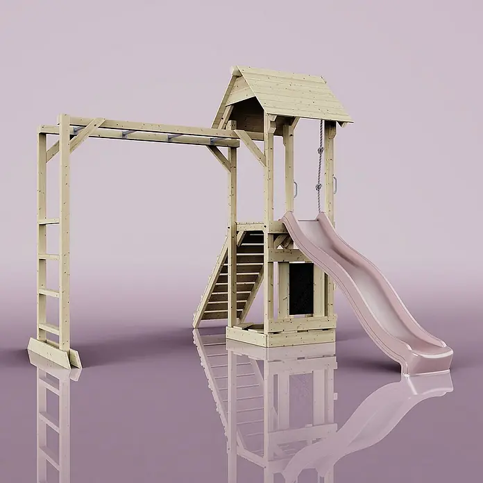 OutdoorToys Kinderspielturm Lund - L x B x H: 358 x 295 x 275 cm, Rosa - Ein hölzernes Spielhaus mit Rutsche, Klettergerüst und Schaukel für Kinder zum Spielen und Spaß haben im Garten.