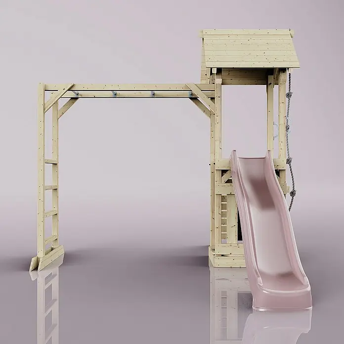 OutdoorToys Kinderspielturm Lund - L x B x H: 358 x 295 x 275 cm, Rosa - Hölzernes Spielgerät mit Rutsche, Kletterwand und Schaukel für den Garten. Ideal für Kinder zum Spielen und Austoben im Freien.