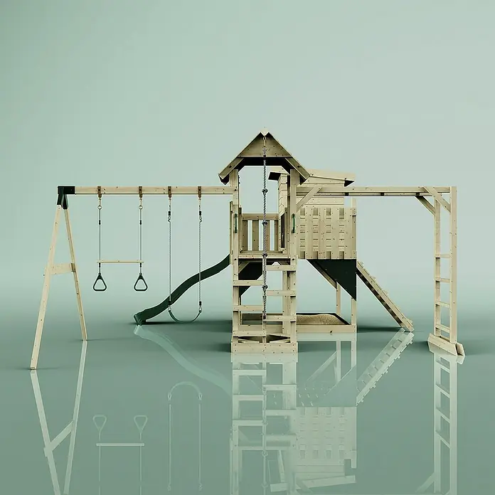 OutdoorToys Kinderspielturm Malou Trapezschaukel; - Holz, Grün - Holzspielplatz mit Schaukeln, Rutsche und Kletterwand. Ideal für Kinder, um aktiv zu sein und Spaß im Freien zu haben.