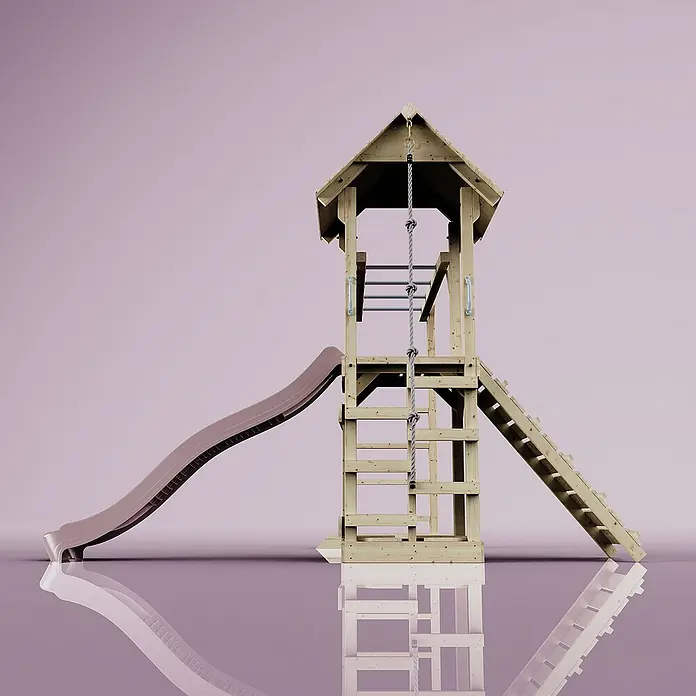 OutdoorToys Kinderspielturm Lund - L x B x H: 358 x 295 x 275 cm, Rosa - Hölzerner Spielturm mit Rutsche, Kletterwand und Seilaufstieg für Kinder, ideal für den Garten.