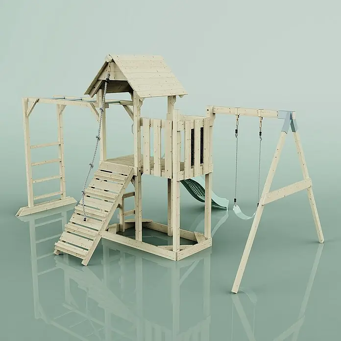 OutdoorToys Kinderspielturm Strömsund - L x B x H: 358 x 472 x 275 cm, Grün - Abenteuerlicher Holzspielplatz mit Turm, Rutsche und Schaukel für stundenlangen Spaß im Garten. Ideal zum Spielen und Toben im Freien.