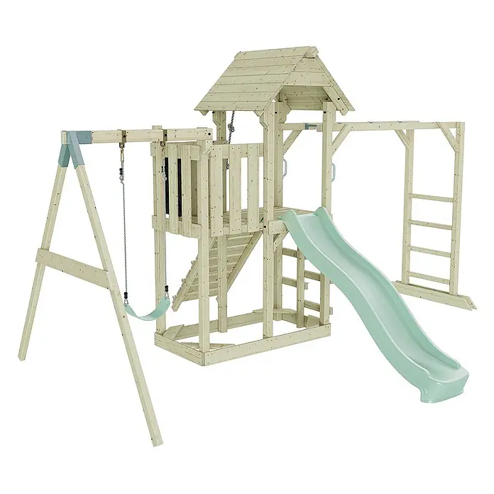 OutdoorToys Kinderspielturm Strömsund - L x B x H: 358 x 472 x 275 cm, Grün - Holzspielplatz mit Schaukel, Rutsche und Klettergerüst für Kinder zum Spielen und Spaß haben im Freien.