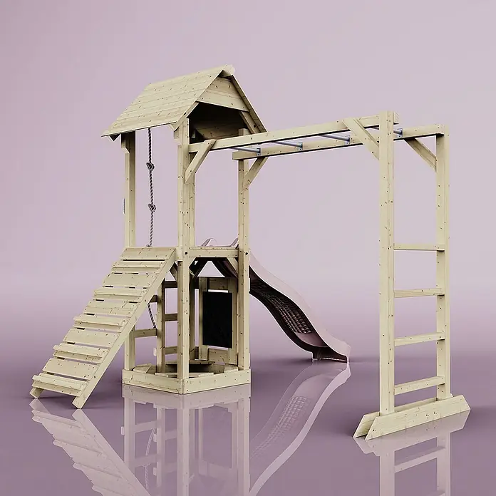 OutdoorToys Kinderspielturm Lund - L x B x H: 358 x 295 x 275 cm, Rosa - Holzspielturm mit Rutsche, Kletterwand und Strickleiter für Kinder zum Spielen und Toben im Garten.