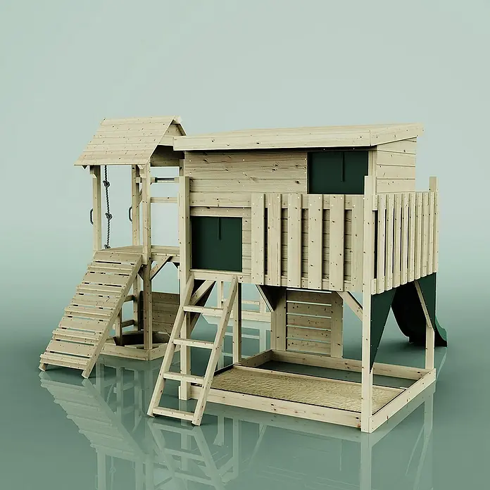 OutdoorToys Kinderspielturm Isak - Holz, Grün - Hölzernes Spielhaus mit Rutsche, Kletterleiter und Schaukel für Kinder zum Spielen und Spaß haben im Garten.