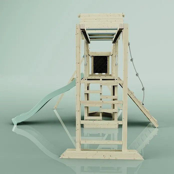 OutdoorToys Kinderspielturm Strömsund - L x B x H: 358 x 472 x 275 cm, Grün - Abenteuerlicher Spielturm aus Holz mit Rutsche, Kletterwand und Affenschaukel für Kinder zum Spielen und Toben im Freien.