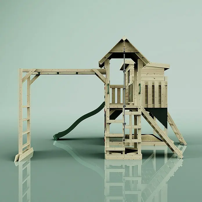 OutdoorToys Kinderspielturm Isak - Holz, Grün - Ein detailreiches Bild eines Spielplatzes mit Rutsche, Klettergerüst und einem kleinen Turm, ideal für den Garten.