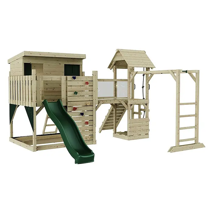 OutdoorToys Kinderspielturm Isak - Holz, Grün - Ein hölzernes Spielhaus mit Rutsche, Kletterwand und Schaukel bietet vielfältigen Spaß im Freien für Kinder jeden Alters.