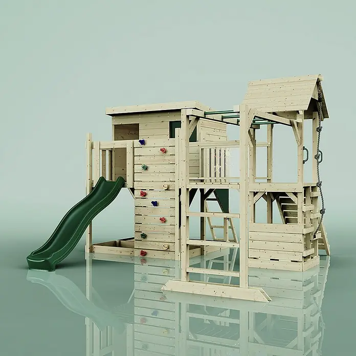 OutdoorToys Kinderspielturm Isak - Holz, Grün - Hölzernes Klettergerüst mit Rutsche, Kletterwand und Seilleiter für abenteuerlichen Spielspaß im Garten.