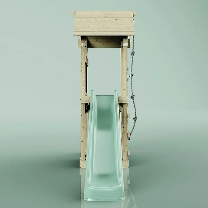 OutdoorToys Kinderspielturm Lillehammer - L x B x H: 112 x 357 x 273 cm, Grün - Ein detailreiches Bild eines Kinderspielturms mit einer hellgrünen Rutsche und einem Seil, ideal für den Garten.