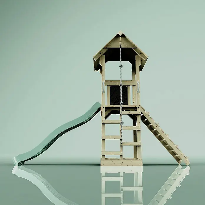 OutdoorToys Kinderspielturm Lillehammer - L x B x H: 112 x 357 x 273 cm, Grün - Holzspielturm mit Rutsche und Kletterseil für Kinder zum Spielen im Garten.