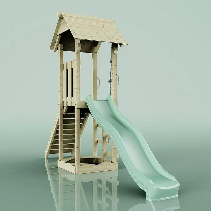 OutdoorToys Kinderspielturm Lillehammer - L x B x H: 112 x 357 x 273 cm, Grün - Ein hölzerner Spielturm mit Rutsche, Leiter und Seil zum Klettern, ideal für den Garten und Spielplätze.