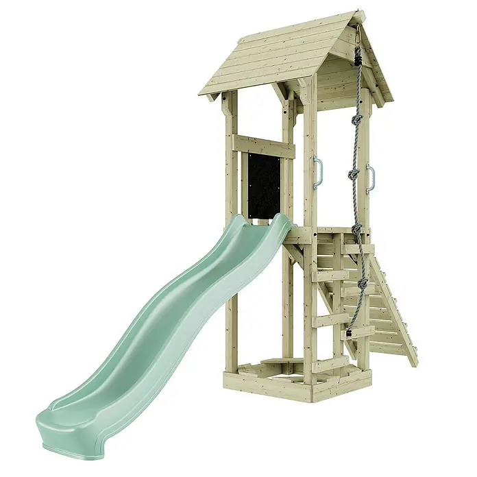 OutdoorToys Kinderspielturm Lillehammer - L x B x H: 112 x 357 x 273 cm, Grün - Spielturm mit Rutsche, Kletterseil und Leiter für Kinder zum Spielen im Garten.