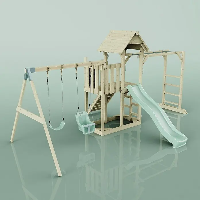 OutdoorToys Kinderspielturm Helsingborg - L x B x H: 358 x 562 x 275 cm, Grün - Abbildung eines hölzernen Kinderspielplatzes mit Schaukeln, Rutsche und Klettergerüst, ideal für Spiel und Spaß im Freien.