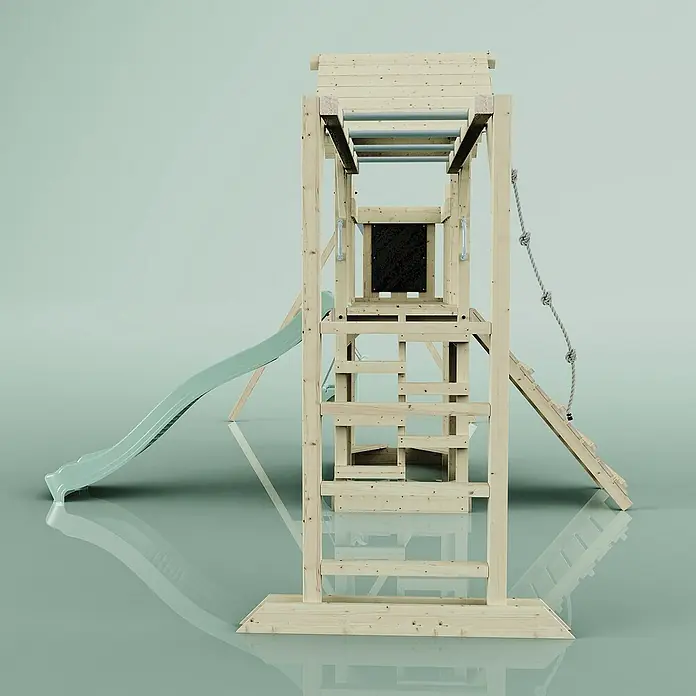 OutdoorToys Kinderspielturm Helsingborg - L x B x H: 358 x 562 x 275 cm, Grün - Holzspielplatz mit Rutsche, Kletterwand und Affenschaukel für stundenlangen Spielspaß im Garten. Perfekt für aktive Kinder.