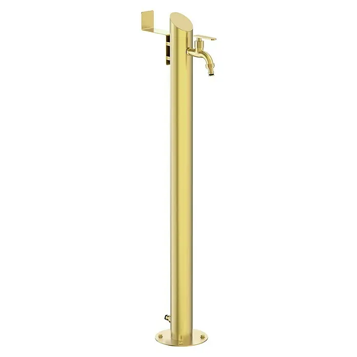 GardWell Wasserzapfstelle Comfort Style - Gold, Höhe: 93 cm, Edelstahl - Eine glänzende, goldfarbene Badewannenarmatur mit einem eleganten, modernen Design und einem integrierten Handtuchhalter.