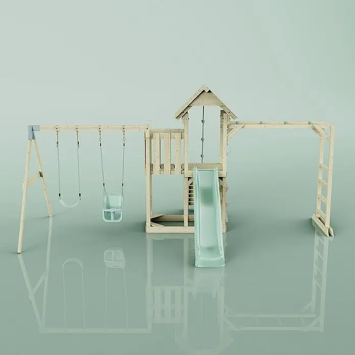OutdoorToys Kinderspielturm Helsingborg - L x B x H: 358 x 562 x 275 cm, Grün - Abbildung eines Spielplatzes mit Schaukel, Rutsche und Klettergerüst. Ideal für stundenlangen Spaß im Freien.