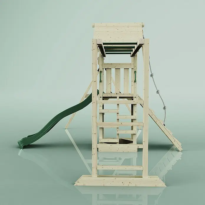 OutdoorToys Kinderspielturm Örebro - L x B x H: 358 x 491 x 275 cm, Grün - Detailansicht eines hölzernen Spielturms mit Rutsche, Kletterwand und Schaukelgerüst, ideal für den Garten.