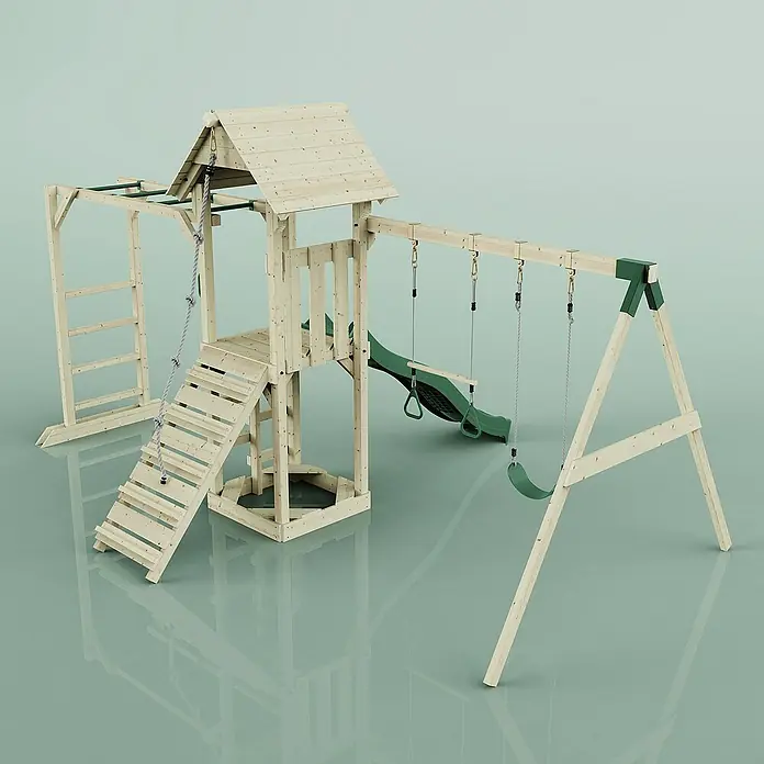 OutdoorToys Kinderspielturm Örebro - L x B x H: 358 x 491 x 275 cm, Grün - Ein vielseitiger Holzspielplatz mit Schaukeln, Rutsche und Klettergerüst bietet stundenlangen Spaß im Garten. Ideal für Kinder zum Austoben.