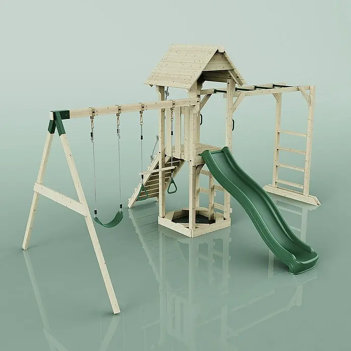 OutdoorToys Kinderspielturm Örebro - L x B x H: 358 x 491 x 275 cm, Grün - Das Bild zeigt einen detailreichen Spielturm aus Holz mit Schaukel, Rutsche und Klettergerüst für Kinder, ideal für den Garten.
