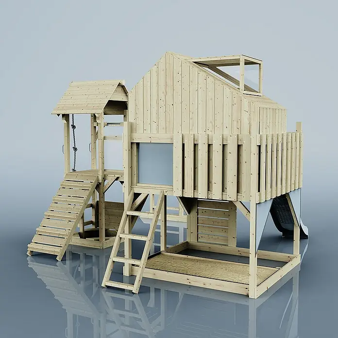 OutdoorToys Kinderspielturm Luna - Holz, Blau - Ein detailreiches Bild eines hölzernen Kinderspielhauses mit Rutsche, Kletterwand und Sandkasten für vielseitigen Spielspaß im Garten.