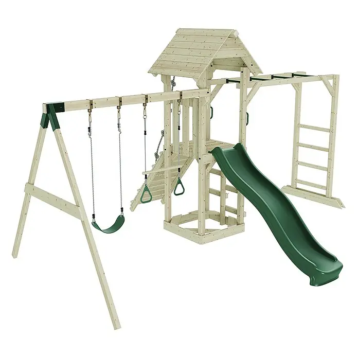OutdoorToys Kinderspielturm Örebro - L x B x H: 358 x 491 x 275 cm, Grün - Hölzernes Spielgerät mit Schaukeln, Rutsche, Kletterwand und Spielhaus für stundenlangen Spaß im Garten für Kinder jeden Alters.