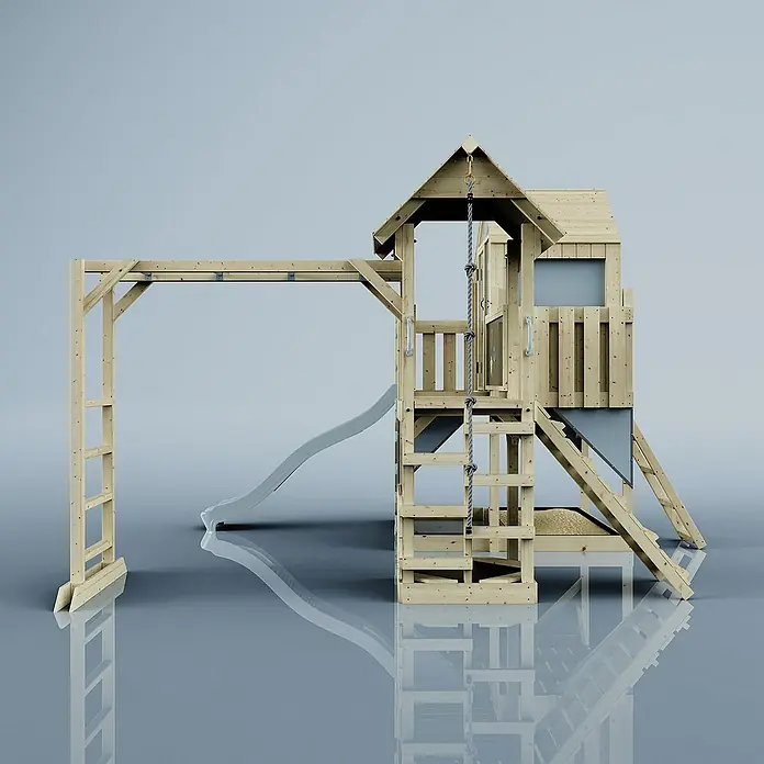 OutdoorToys Kinderspielturm Luna - Holz, Blau - Das vielseitige Holzspielhaus mit Rutsche, Kletterwand und Schaukel bietet Kindern unendlichen Spielspaß im eigenen Garten.
