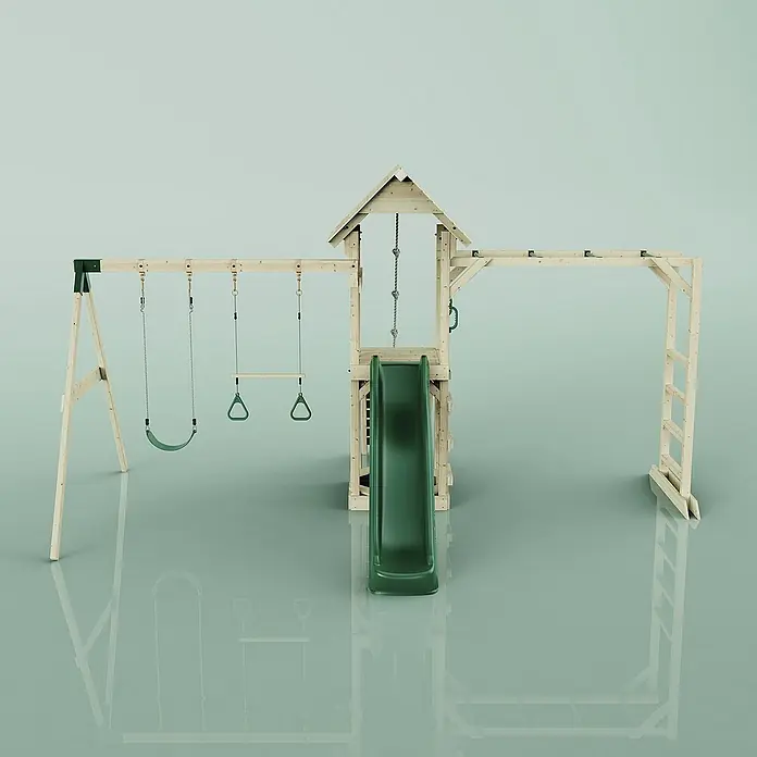 OutdoorToys Kinderspielturm Örebro - L x B x H: 358 x 491 x 275 cm, Grün - Holzspielplatz mit Schaukel, Rutsche, Turnringen und Klettergerüst für Kinder zum Spielen und Spaß haben im Freien.