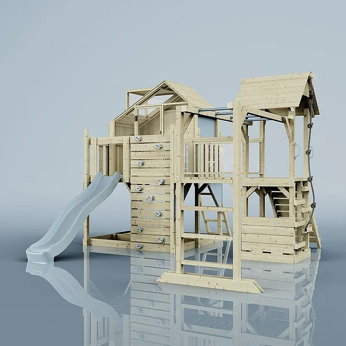 OutdoorToys Kinderspielturm Luna - Holz, Blau - Hölzernes Spielhaus mit Rutsche, Kletterwand und Seil. Perfekt für stundenlangen Spaß im Garten.