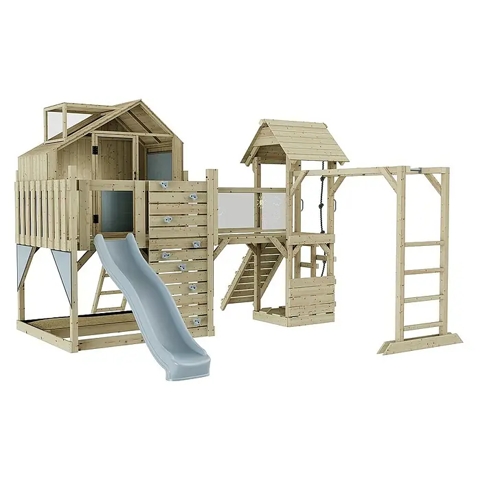 OutdoorToys Kinderspielturm Luna - Holz, Blau - Das Spielhaus bietet Kletterwand, Rutsche und eine Hängeleiter. Viel Spaß für Kinder ist mit diesem Spielgerät garantiert.