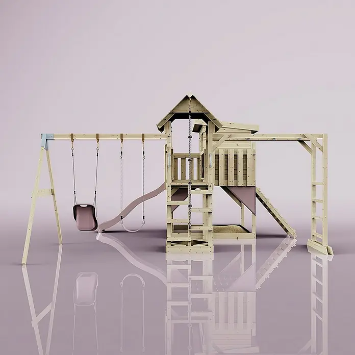 OutdoorToys Kinderspielturm Polarplay Johanna - L x B x H: 490 x 503 x 274 cm, Rosa - Holzspielplatz mit Schaukel, Rutsche und Kletterturm für Kinder zum Austoben im Garten.